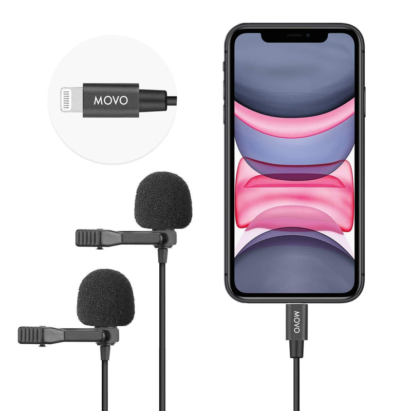 [AUSTRALIA] - Movo iLav-DUO Dual Digital Lavalier Omnidirectional Clip on Microphone with MFi Certified Lightning Adapter - Lapel Mic Compatible with iPhone, iPad, and Other iOS Devices - Great Interview Microphone 