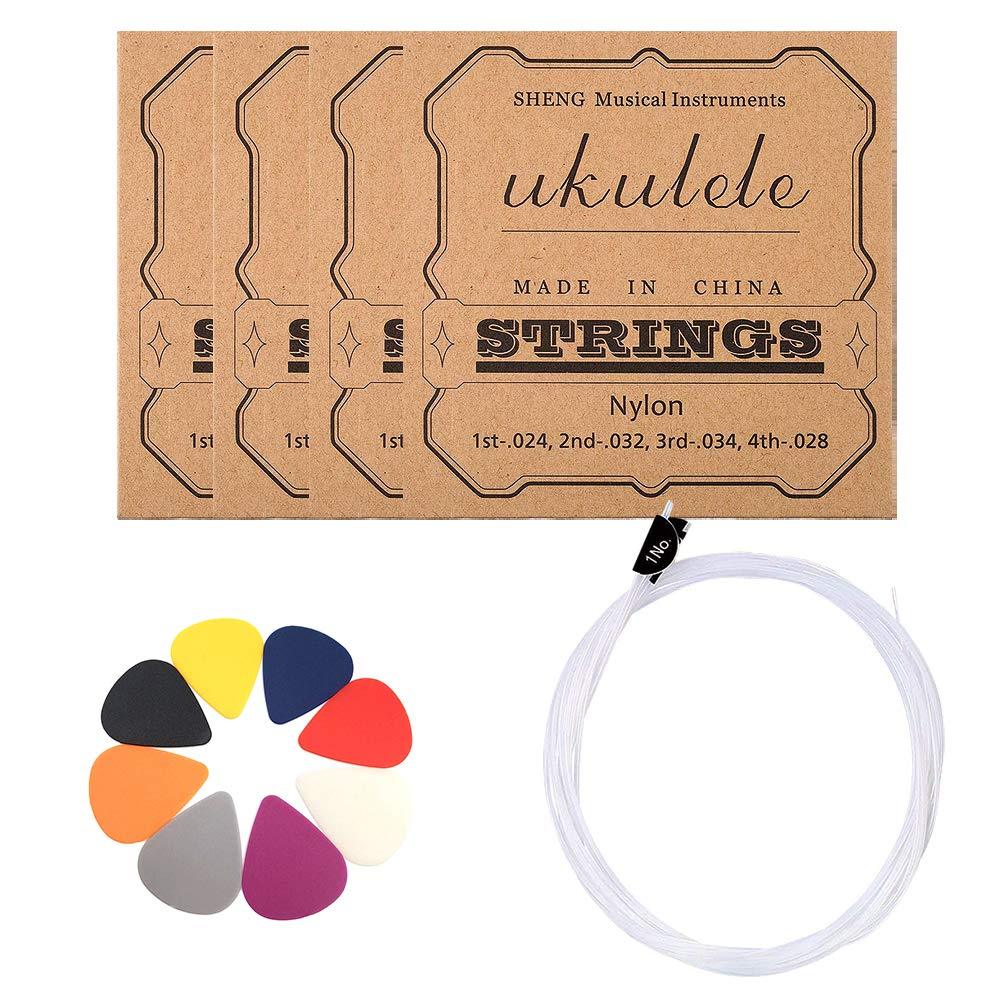 OHOH Ukulele Strings, 4 Sets of Nylon Ukulele Strings with Felt Ukulele Picks for Soprano (21 Inch)/ Concert (23 Inch)/ Tenor (26 Inch) Ukulele With 8 Ukulele plectrum