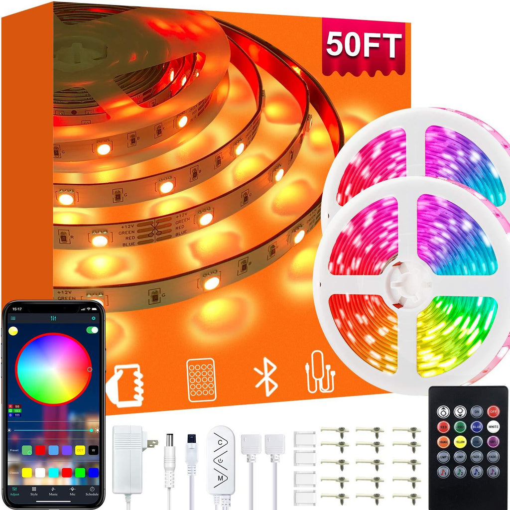 [AUSTRALIA] - 50ft Led Strip Lights for Bedroom, 15M Ultra-Long Music Sync Color Changing 5050 RGB Led Light Strip with Remote, Bluetooth App Controlled Tape Lights for Party Home Decoration (APP+Remote+Mic+Music) 