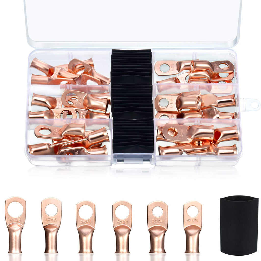 60 Pieces AWG Battery Cable Lugs, 2-6 Gauge Wire Lugs Ring Terminal Connectors with Heat Shrink Tubing Wrap Cable Sleeve for Inverters, Battery, Automotive Applications (Rose Gold) Rose Gold