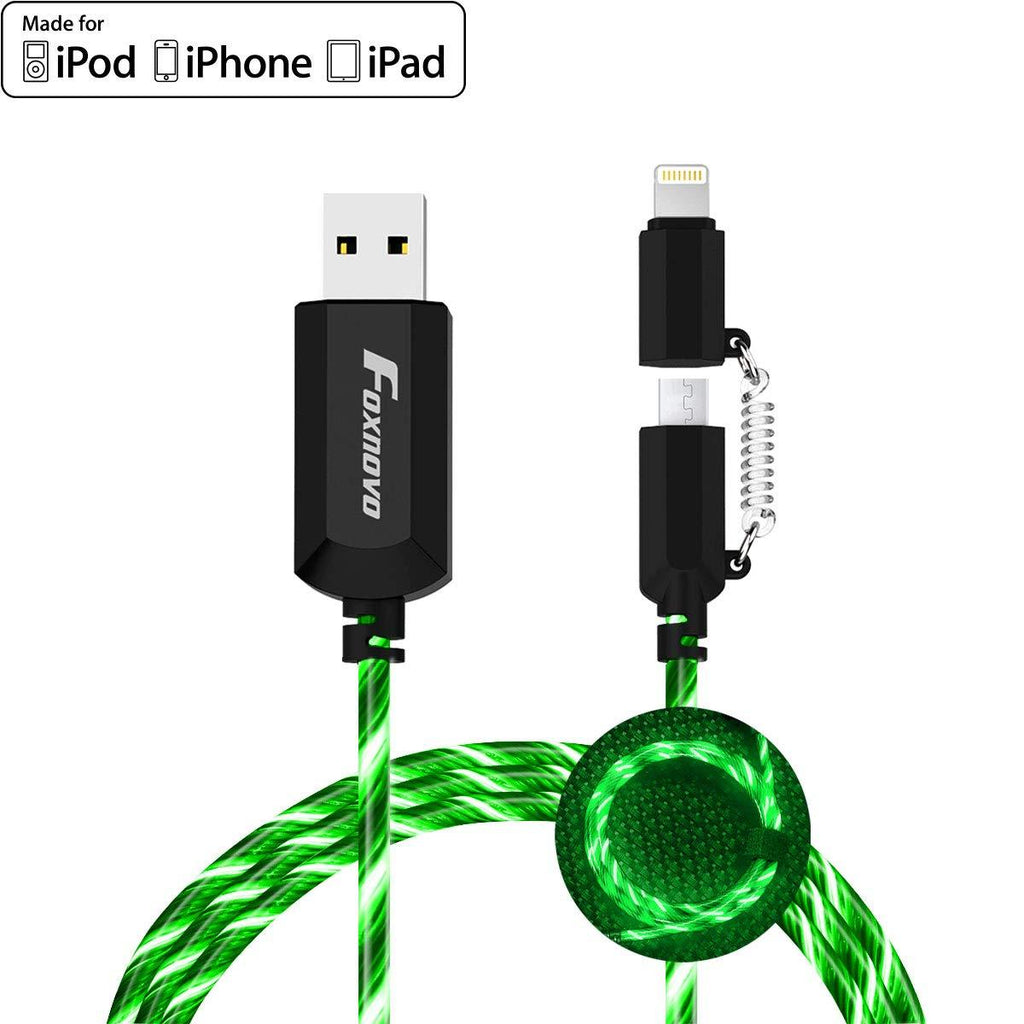 [Apple MFi Certified] Foxnovo Led iPhone Charger Cable, 2-in-1 Led Lightning Cable with 360° Flowing Light for iPhone 12/11/11 Pro/XS/XR/X/8/8 Plus/7/7 Plus/6/6 Plus/5s/Android (Green), 3.3FT Green