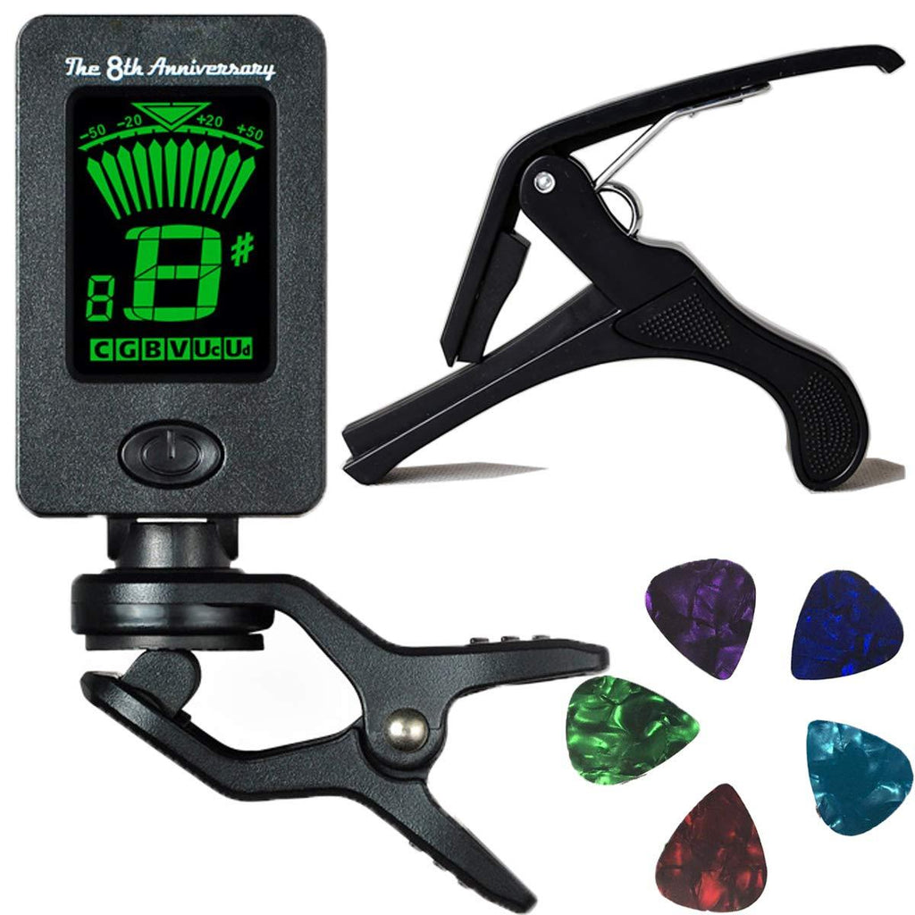 Guiter Tuner Capo Set Clip on Digital Electronic Tuner for Chromatic, Guitar, Bass, Violin, Ukulele Mandolin Banjo Include Guitar Capo and 5 Picks High Precision Calibration Tuner