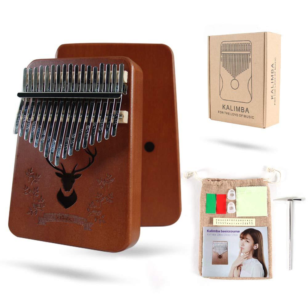 Kalimba 17 Keys Thumb Piano Portable African Solid Wood Finger Piano with Tuning Hammer and Study Instruction, Gift for Kids and Adults Beginners Standard luck deer-Brown-A