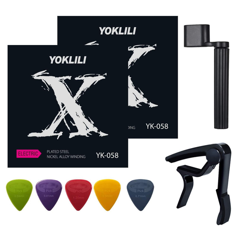 Nickel Wound Pure Electric Guitar Strings, Yoklili 2 Sets Super Light 09-42 & Light 10-46 Strings w/ 5 Nylon Guitar Picks, Guitar Capo and String Winder for Electric Guitar