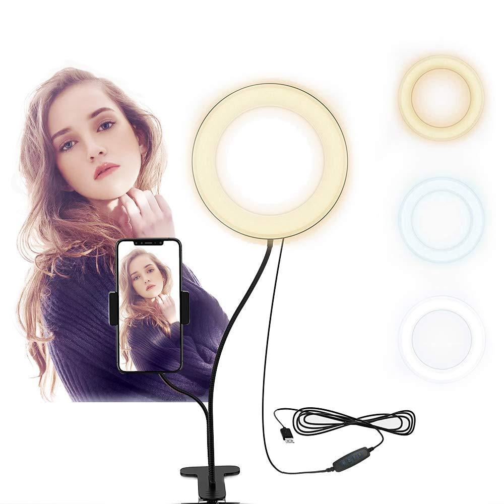 6"Selfie Ring Light with CellPhone Holder Stand for Youtube Facebook Live Stream Makeup Podcast LED Camera Video Desktop Flexible Gooseneck Lazy Bracket Compatible with iPhoneX 8 7 6Plus Android Black 6'' Ring Light with Phone Holder Stand - Black