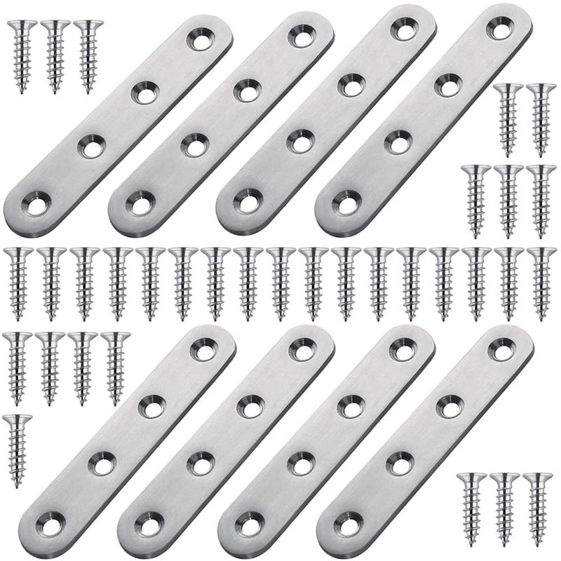 YEWLACA 8 Pack Flat Straight Brace Brackets 4 Inch Stainless Steel Mending Plates Repair Fixing Brackets Heavy Duty Straight Repair Joining Plates with Screws 4 Inch (8 pack)