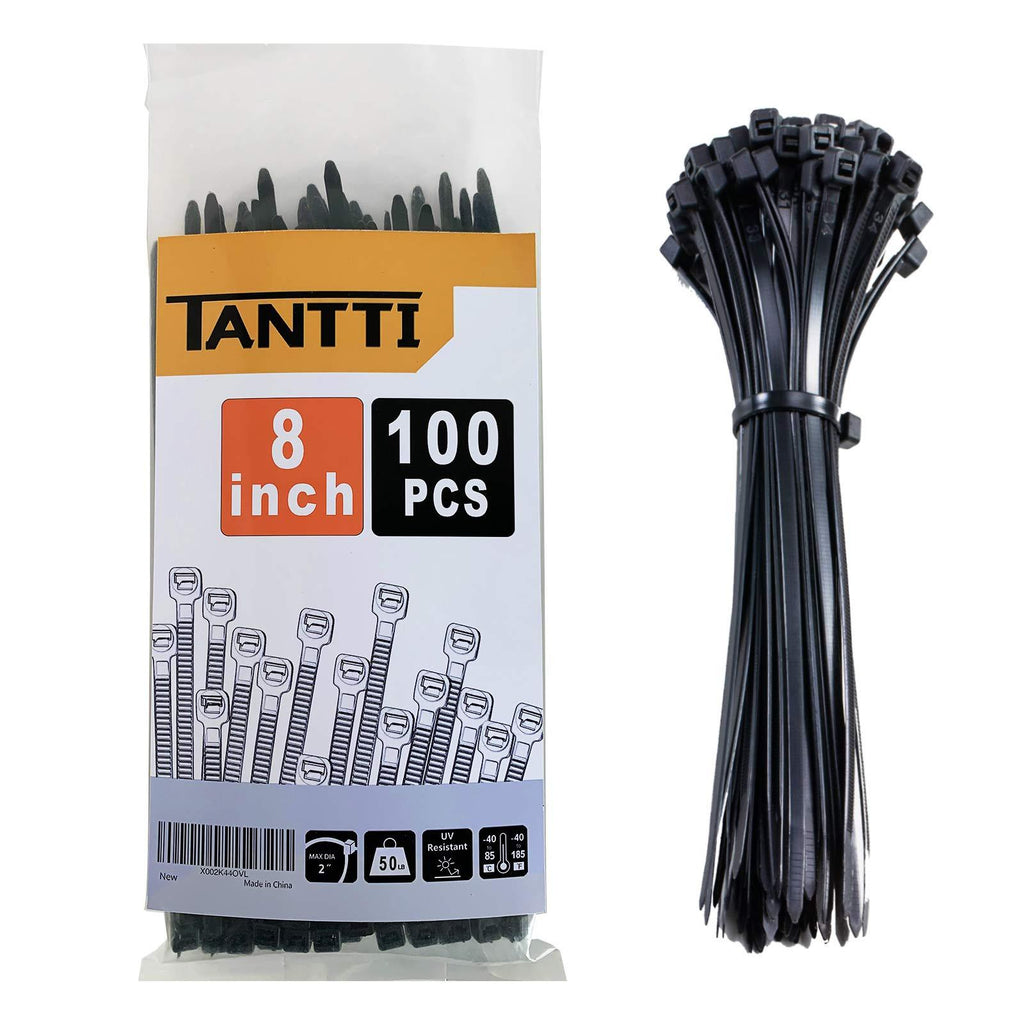 Zip Ties 8 inch Black Zip Ties with 50 Pounds Tensile Strength,Cable Ties,100 Pieces,by Tantti Supply