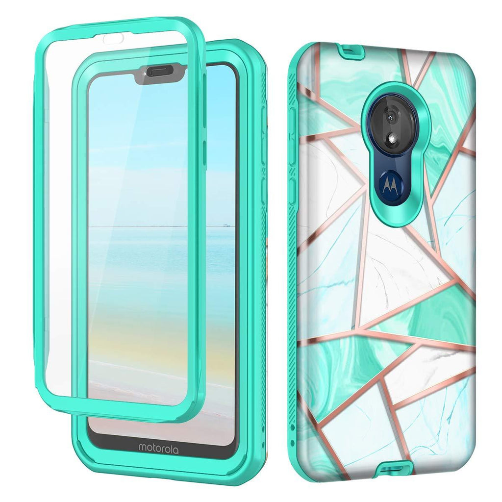 Hekodonk for Moto G7 Play/ G7 Optimo Case XT1952DL Case Built in Screen Protector Heavy Duty High Impact PC TPU Full Body Protective Shockproof Anti-Scratch Cover for Moto G7 Play -Marble Mint Marble Mint