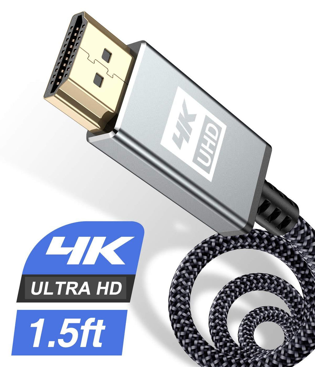 4K HDMI Cable 1.5ft,Sweguard HDMI 2.0 Lead Cable High Speed 18Gbps Gold Plated Nylon Braid Cord Supports 4K@60Hz,2K@144Hz,3D,HDR,UHD 2160P,1440P,1080P,HDCP 2.2,ARC for Apple TV,Fire TV,PS4,PS3,PC-Grey grey
