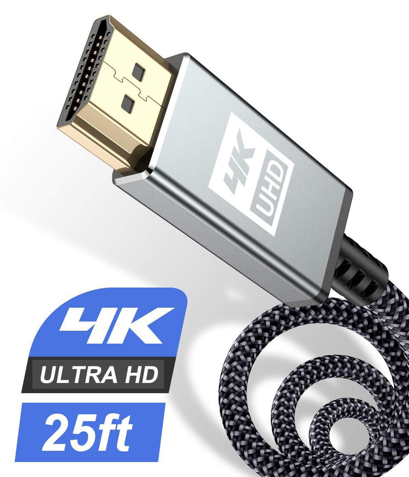4K HDMI Cable 25ft,Sweguard HDMI 2.0 Cable High Speed 18Gbps Gold Plated Nylon Braid HDMI Cord Supports 4K@60Hz,2K@144Hz,3D,HDR,UHD 2160P,1440P,1080P,HDCP 2.2,ARC for Apple TV,Fire TV,PS4,PS3,PC-Grey grey