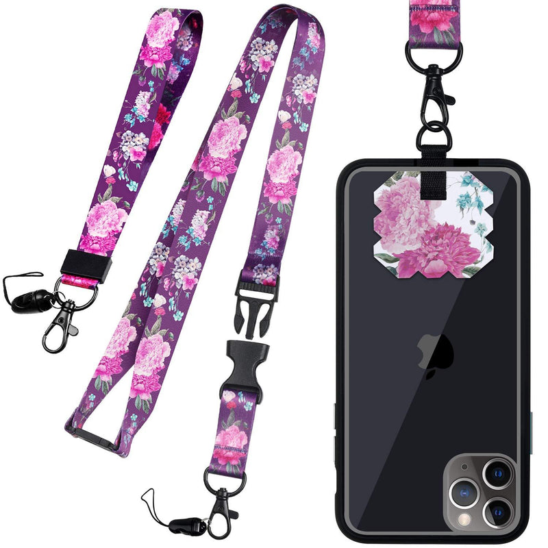 Phone Lanyard, MYECOGO Wrist Lanyard Tether Key Chain Holder and Adjustable Nylon Universal Cell Phone Neck Lanyard Strap for iPhone Phone Case Anchor Fit All Smartphones Keys ID ,Black Purple Flower