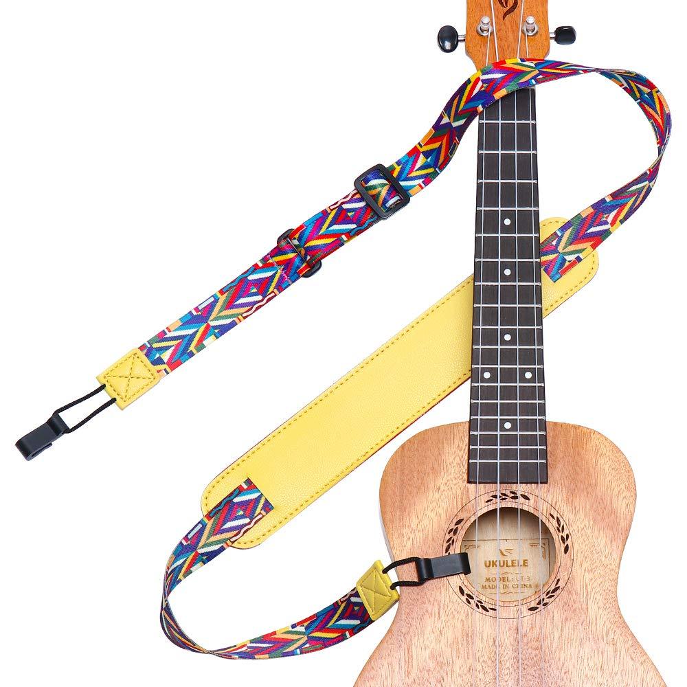 Ukulele Strap No Drill, IHOBOR Ethnic Style Double J Hook Ukelele Shoulder Strap, Hawaiian Premium Woven Clip on Ukulele Strap, Easy to Use and Fit Most Standard Uke Sizes