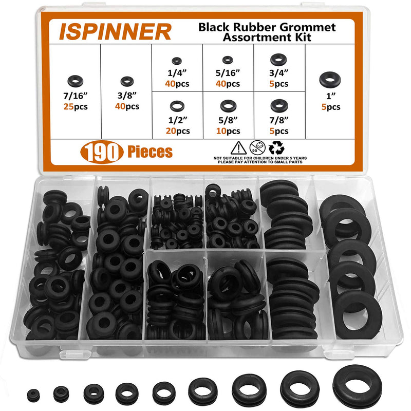 ISPINNER 190pcs Rubber Grommet Assortment Kit, 9 Sizes Eyelet Ring Gasket 1/4" 5/16" 3/8" 7/16" 1/2" 5/8" 3/4" 7/8" 1" (Black) Black