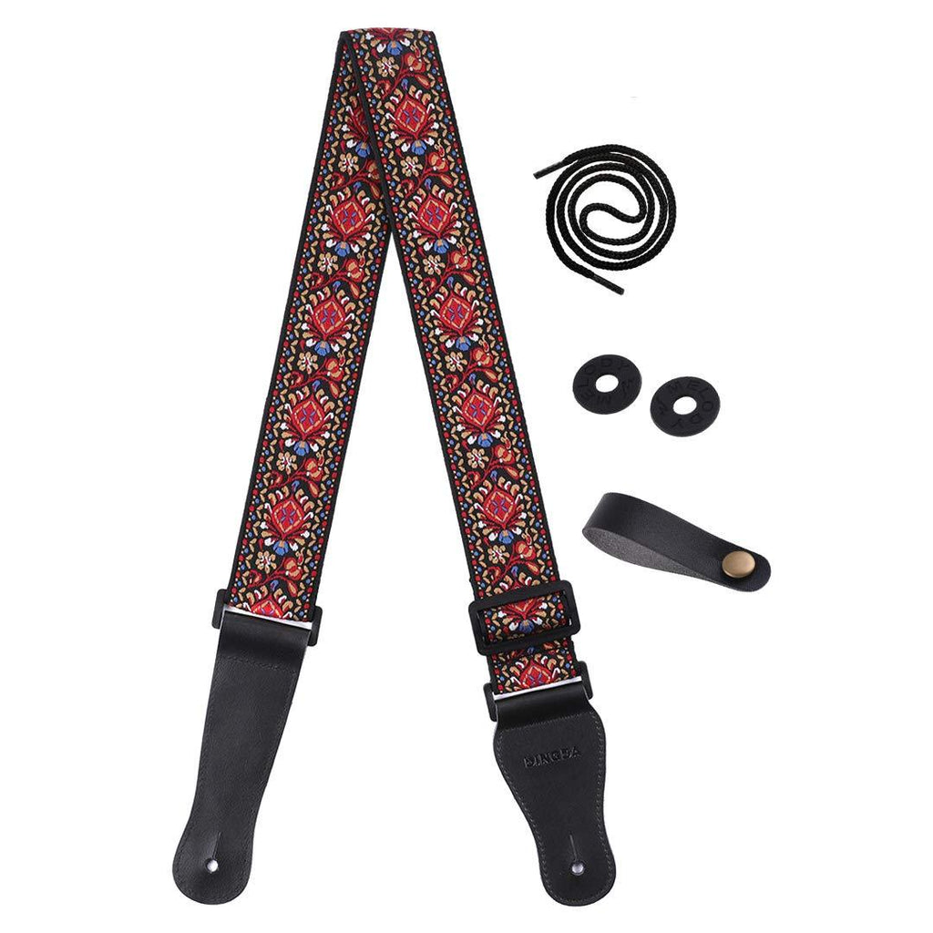 DINGDA Jacquard Weave Embroidered Guitar Strap, Vintage Hootenanny Woven Guitar Strap for Bass, Electric & Acoustic Guitars - Includes 2 Strap Locks and Strap Button (Red)