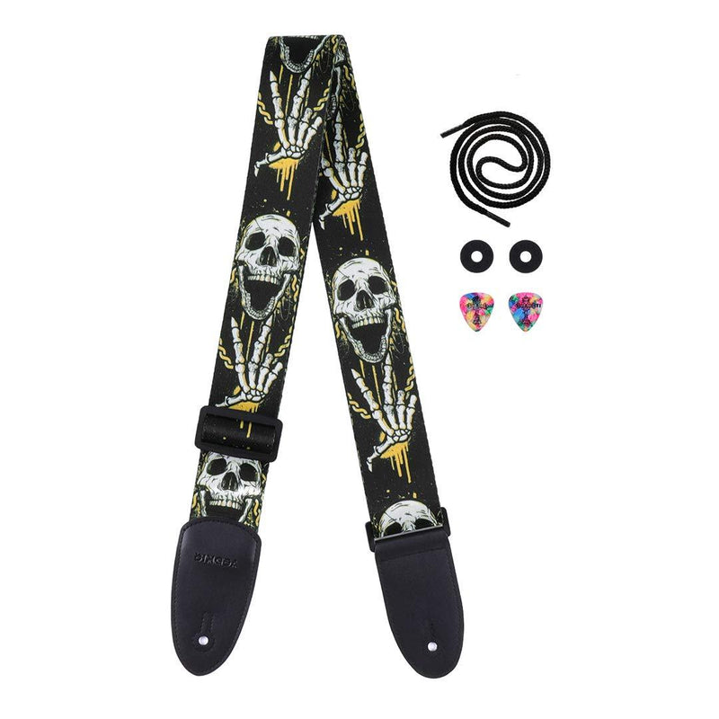 DINGDA Skull Guitar Strap, Soft Polyester & Leather Ends Adjustable Guitar Shoulder Strap for Bass, Electric & Acoustic Guitars - Includes 2 Picks and 2 Strap Locks (Black) Black skull