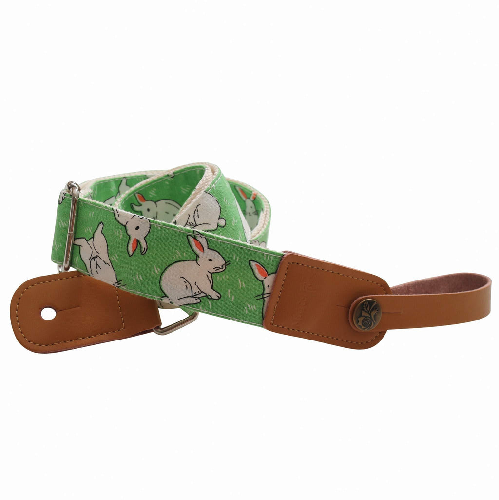 MUSIC FIRST Original Design Cute Cartoon “Little Bunny” Soft Cotton & Genuine Leather Ukulele Strap Ukulele Shoulder Strap With a MUSIC FIRST Genuine Leather Strap Locker