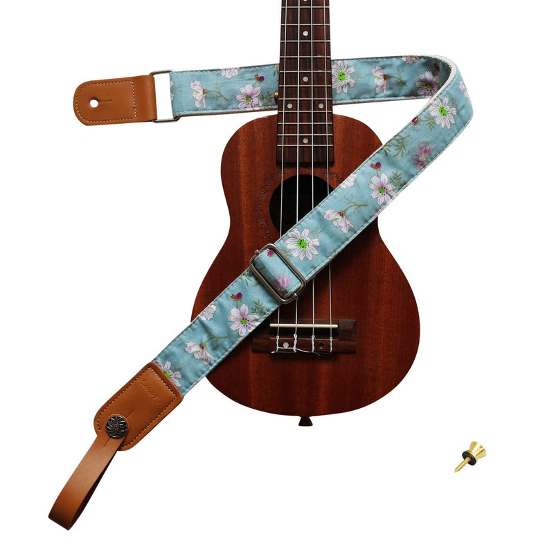 MUSIC FIRST Original Design Vintage Blue “Daisy” Soft Cotton & Genuine Leather Ukulele Strap Ukulele Shoulder Strap With a MUSIC FIRST Genuine Leather Strap Locker