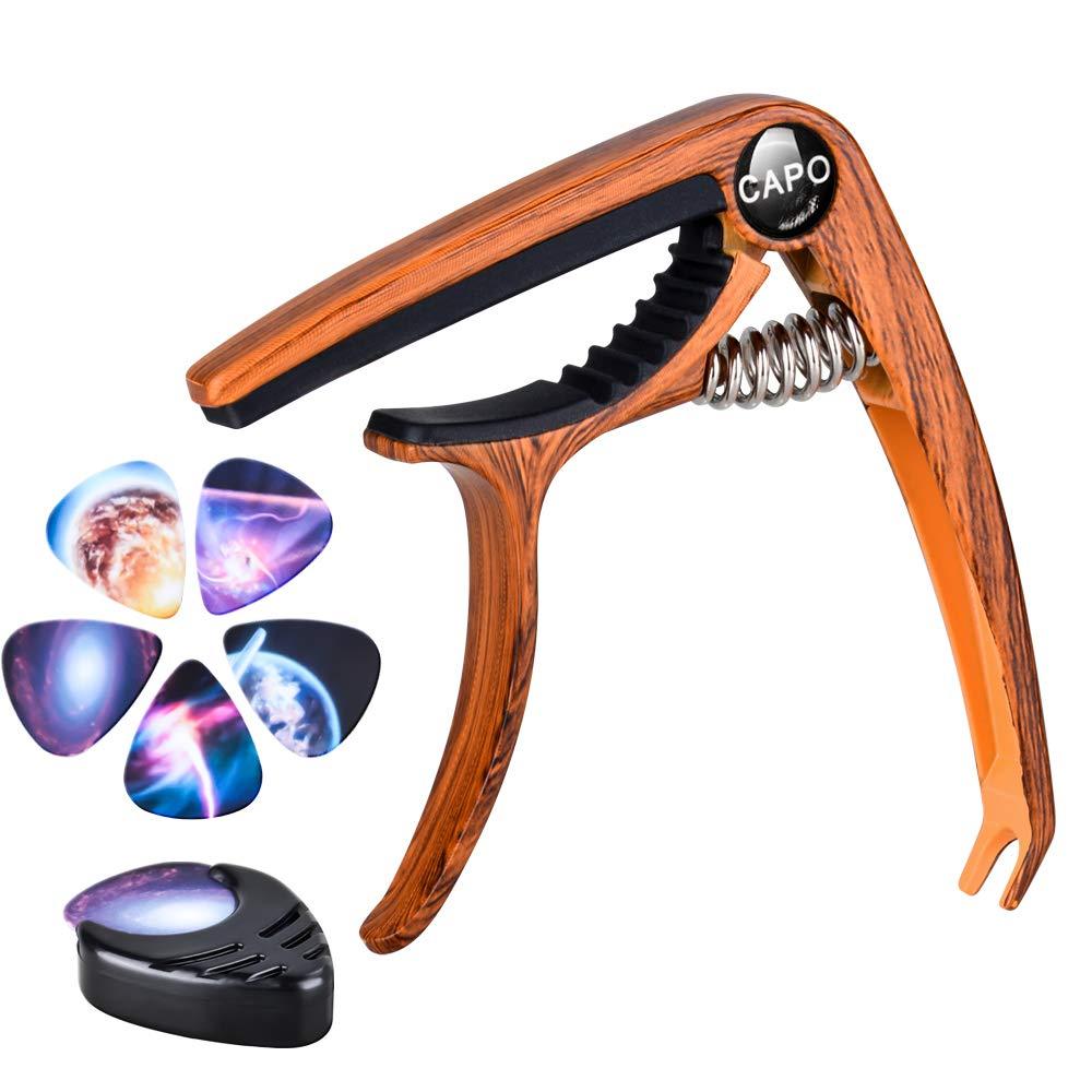 Olycism Guitar Capo for Acoustic Electric Guitar Ukulele with Picks Holder & 5Pcs Guitar Picks of 0.46mm thickness Alloy Acoustic Guitar Capo Wooden Brown