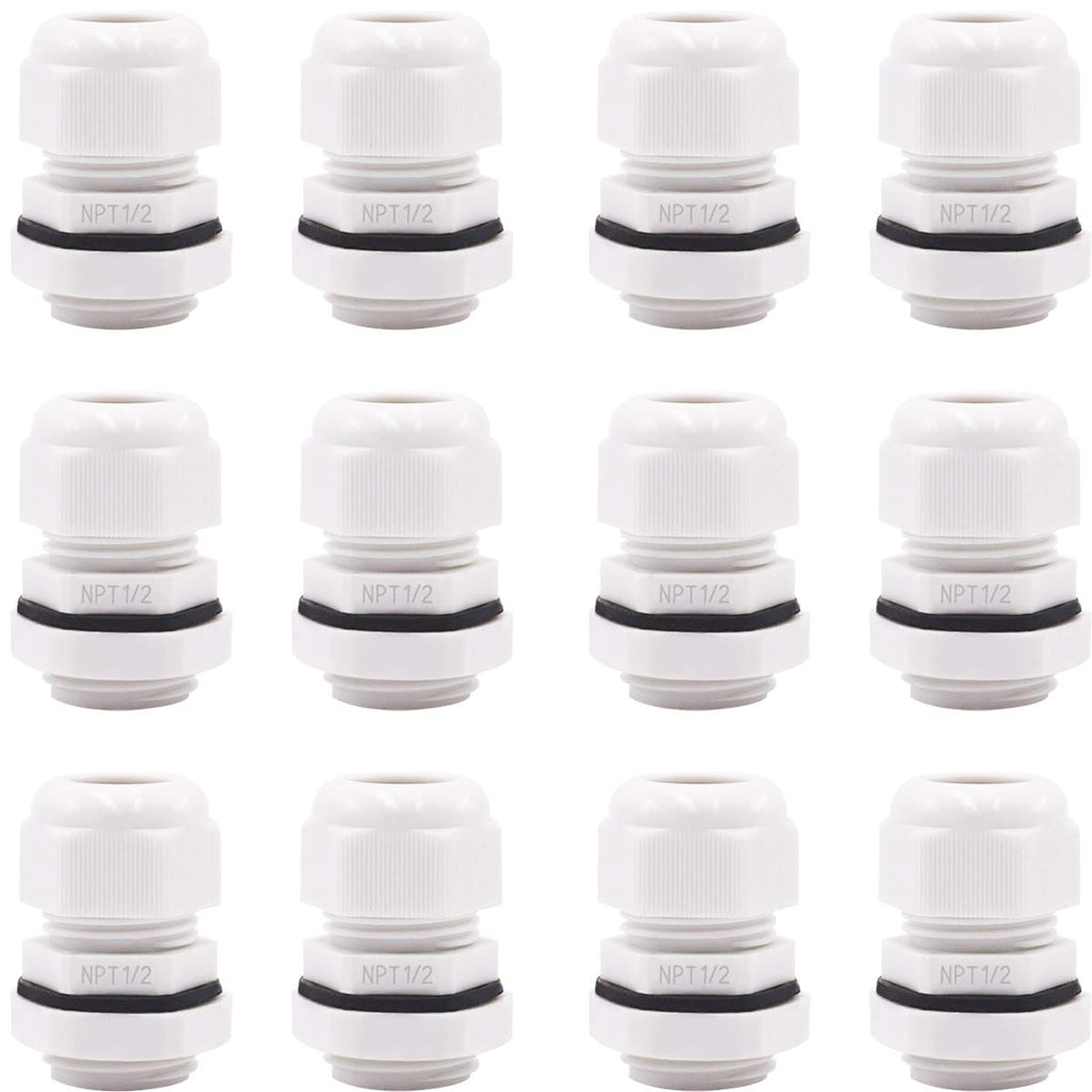 mxuteuk 12 Pcs 1/2 NPT Cable Glands Diameter 9-12mm Cable Connectors Plastic Nylon Wire Protectors Joints Waterproof IP68 Adjustable White With Gaskets 1/2 NPT - W