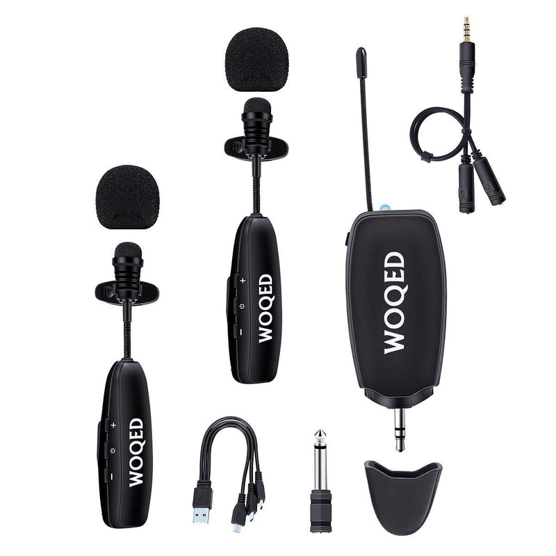 [AUSTRALIA] - Wireless Lavalier Microphone, WOQED Lapel Microphone, One Drag Two UHF Wireless Mic, Adjustable Frequency, Wireless Microphone for Video Recording, Filming, Interview, Broadcast, YouTube 