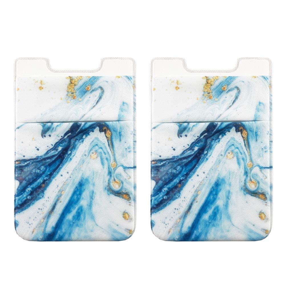 Obbii 2 Pack Phone Card Holder Stretchy Lycra Wallet Pocket Credit Card ID Case Pouch Sleeve 3M Adhesive Sticker on iPhone Samsung Galaxy Android Smartphones (Blue Ripple Marble) Blue Ripple Marble