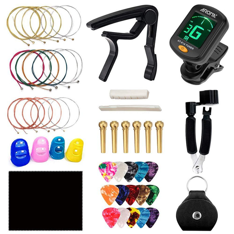 Guitar Accessories Kit Including Tuner, 3 in 1 Restring Tool, Picks and Picks Bag, Alloy Capo, Guitar Strings, Copper Bridge Pins, Real Cattle Bone Bridge Saddle and Nut, Finger Protect (no Ruler) no Ruler