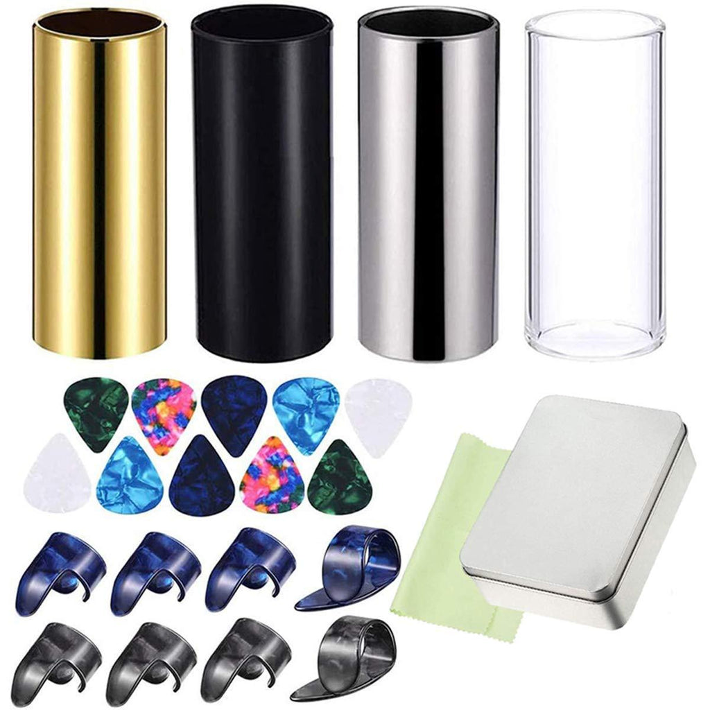 24 Pieces Medium Guitar Slides kits, 4 Pieces Medium Guitar Slides (Include 3 Colors Stainless Steel, 1 Pieces Glass), 10 Pieces Guitar Picks, cleaning cloth and 8 Pieces Plastic Thumb & Finger Picks