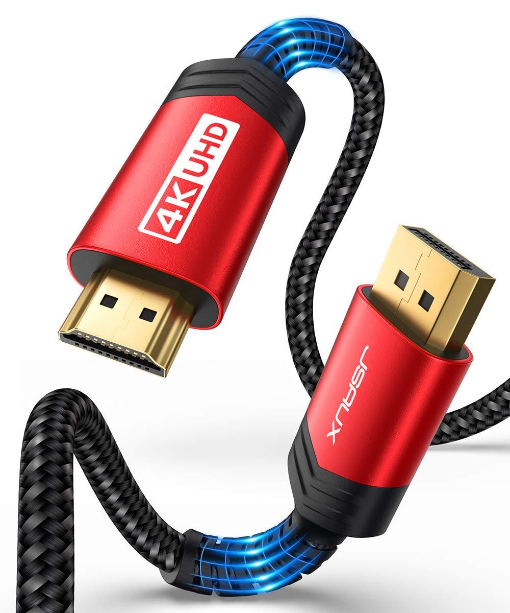 4K@60Hz DisplayPort to HDMI Cable 10FT, JSAUX Display Port to HDMI 2.0/ DP to HDMI Uni-Directional UHD Support 4K@60Hz, 2K@144Hz, 1080P@144Hz, Eyefinity Multi-Display for TV, Monitor, Display -Red 10FT/3M Red
