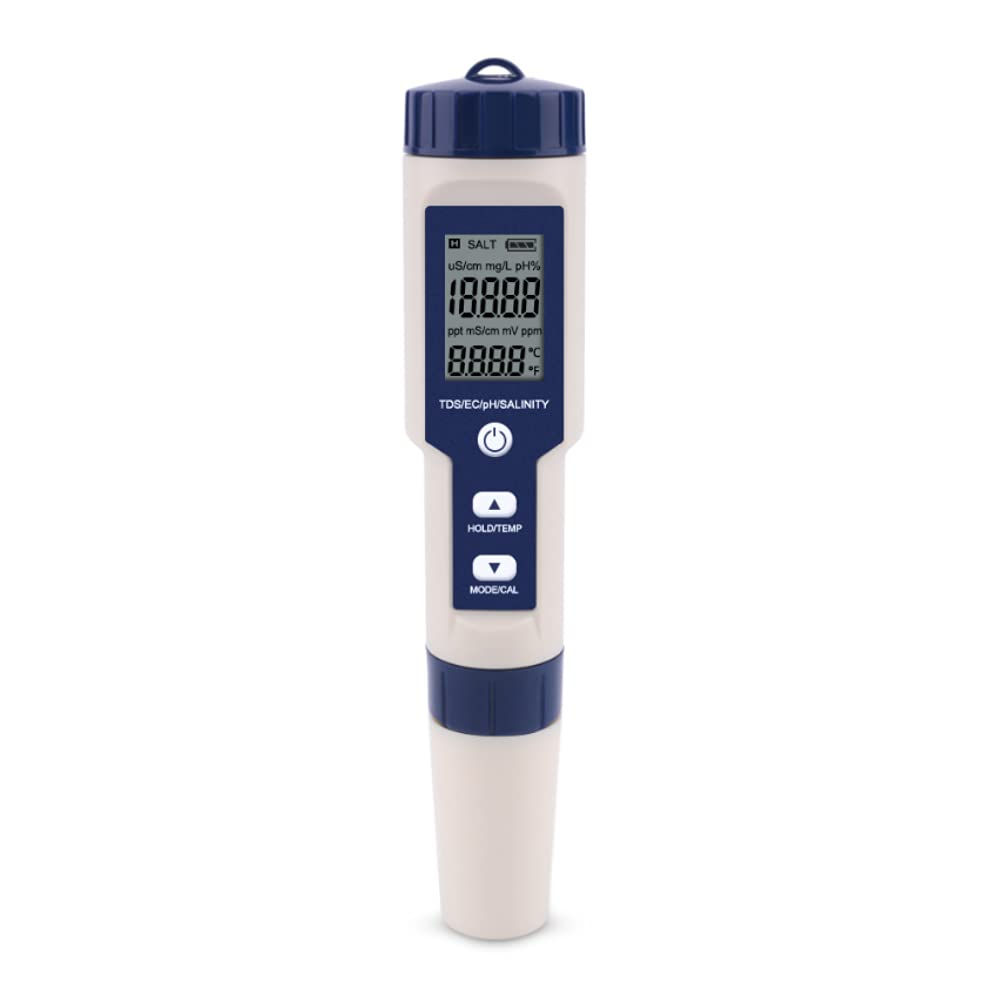 PH Meter, EZ-9909 5 in 1 High Accuracy Portable Digital Water Quality Tester, for Measuring PH Salinity TDS EC Temperature, with Backlight Screen, IP67 Waterproof