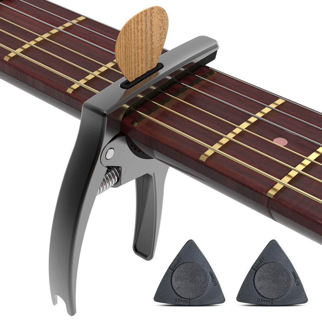 Guitar Capo 3 in 1 Zinc Alloy Metal Capo for Acoustic and Electric Guitars, Ukulele, Mandolin, Banjo, with Pick Holder and Two Guitar Picks (black) black