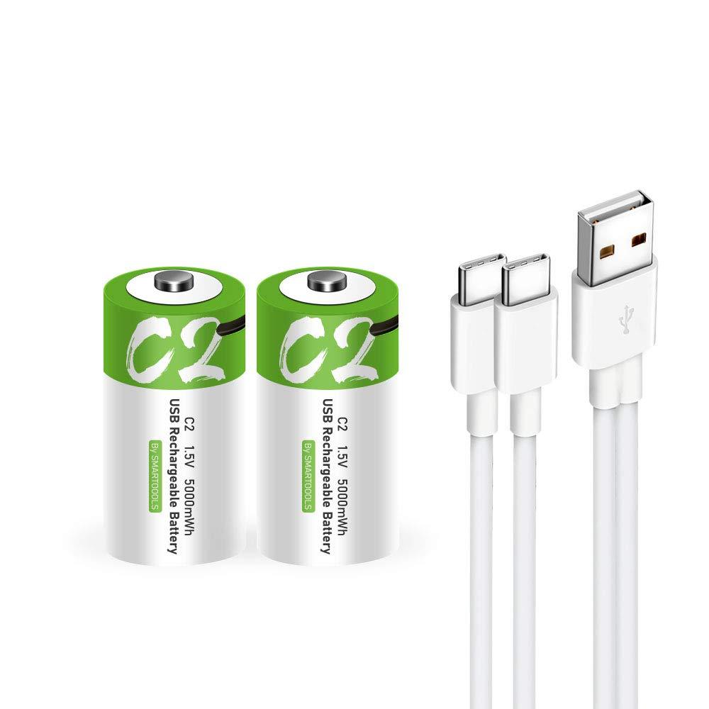USB C Lithium ion Rechargeable Battery, High Capacity 1.5V 5000mWh Rechargeable C Battery, 2.5 H Fast Charge, 1200 Cycle with Type C Port Cable, Constant Output,2-Pack 2* C battery