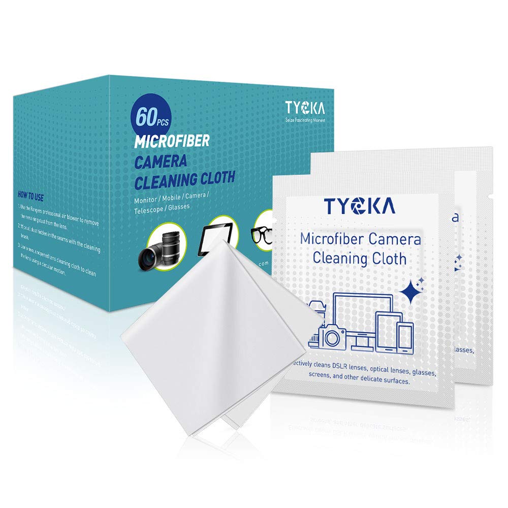 Lens Cleaning Wipes TYCKA Cleaner Cloth Individually Vacuum-Wrapped Microfiber Lens Cleaning Cloth Great for Camera Lenses, Tablets, Eyeglasses, Screens and Other Delicate Surfaces, Cloth 60-Pack