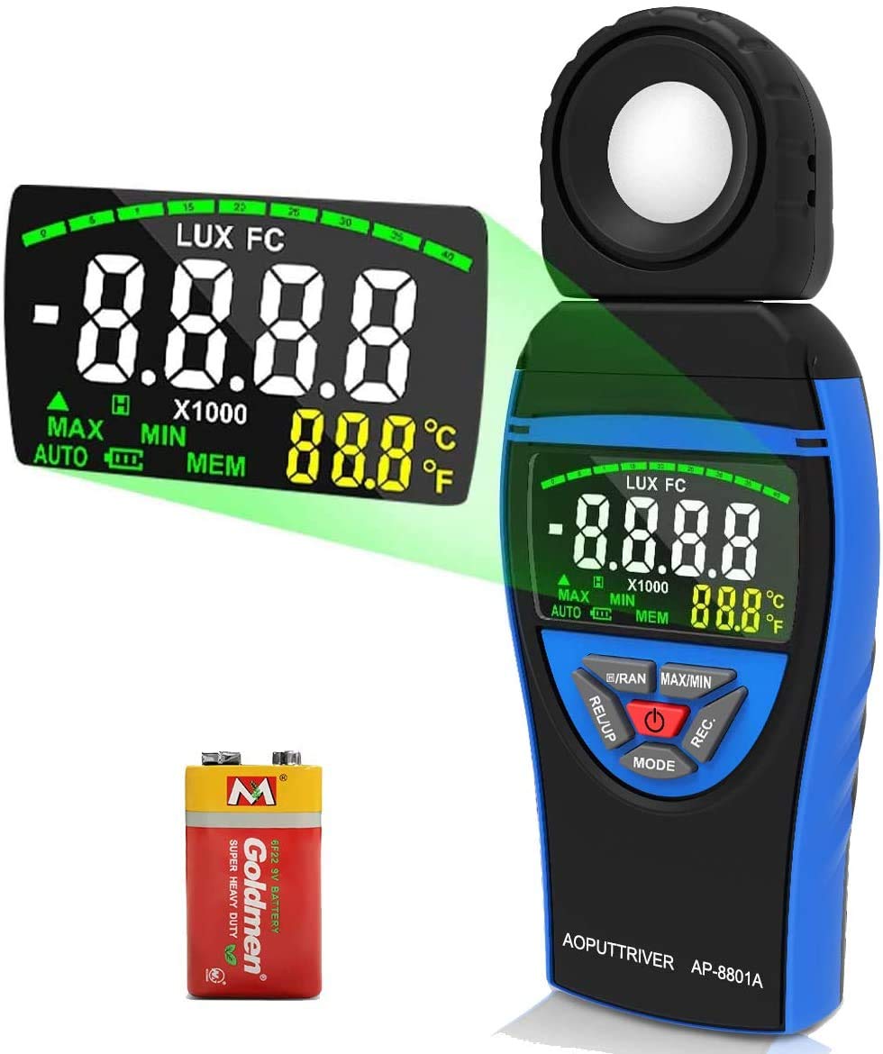 Digital Light Meters AP-8801A Lights Meter for Plants with 0.1~400,000 Lux Colorful Screen Light Meter Photography Meter with Temperature, Data Hold, Max/Min, Data Storage, Lux/FC Units AP-8801A（Colorful Screen）