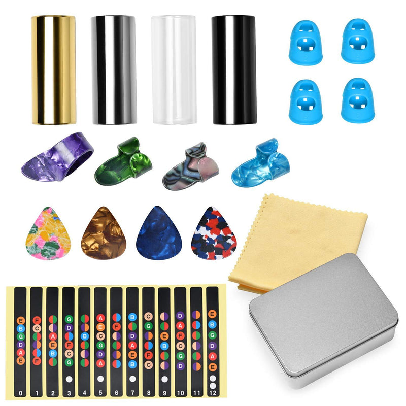 Akamino 4 Pieces Medium Guitar Slides, 5 Pieces Guitar Picks 4 Piece Plastic Thumb & Finger Picks 4 Finger Pick Protectors with Cleaning Cloth in Metal Box