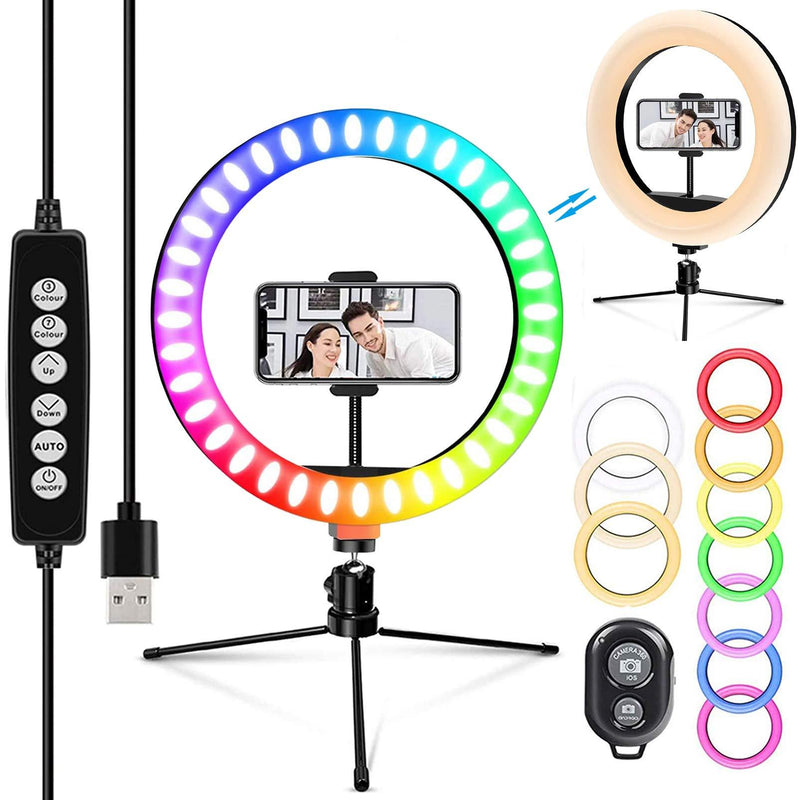 10" RGB LED Ring Light with Tripod Stand, 16 Colors RGB Adjustable with Stand and Phone Holder & Remote Control 10 Brightness Desk Makeup Ring Light for Makeup,YouTube,Tiktok,Video,Vlogging
