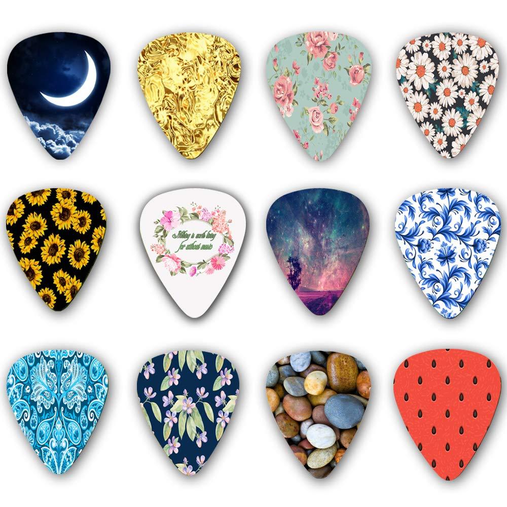 12 guitar picks, 0.71mm thick, with a small guitar bag a variety of different styles to choose(plant flowers） Color02