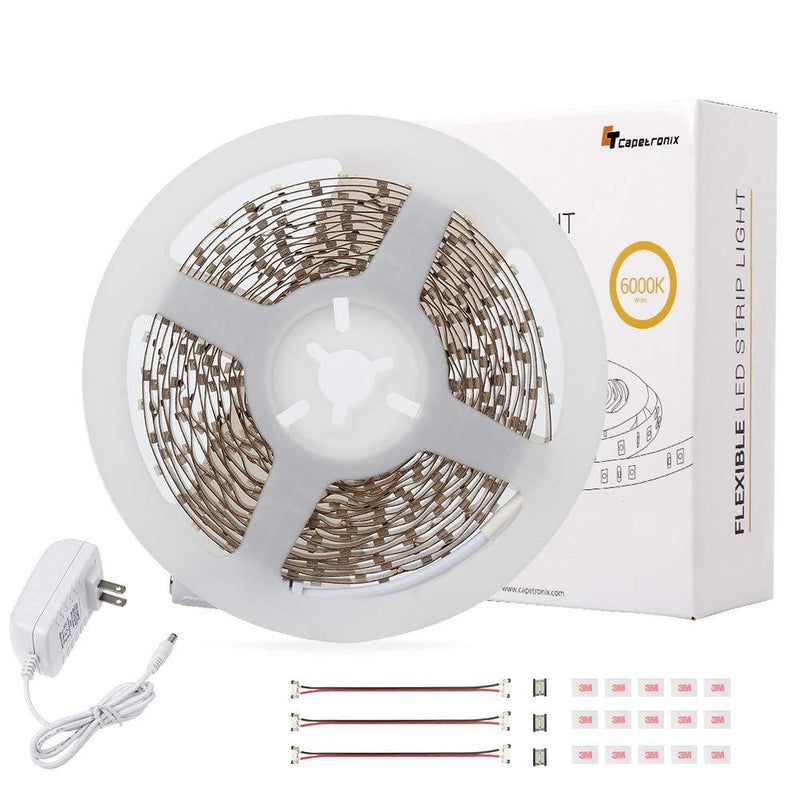 [AUSTRALIA] - White LED Strip Lights, CT CAPETRONIX 16.4ft 6000K Bright 300 LEDs Flexible Tape Lighting Kit, 12V LED Light Strip for Bedroom, Ceiling, Living Room, Kitchen, Closet, Under Cabinet, Vanity Mirror White 