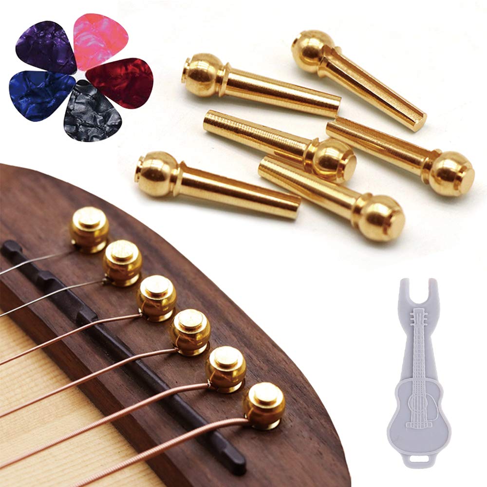 [AUSTRALIA] - Guitar Bridge Pins 6pcs Pure Brass Endpin for Acoustic Guitar 6 Strings Nail Pegs Fixed Cone, Replacement Parts with Bridge Pin Puller Remover & 5 Guitar Picks - Kimlong 