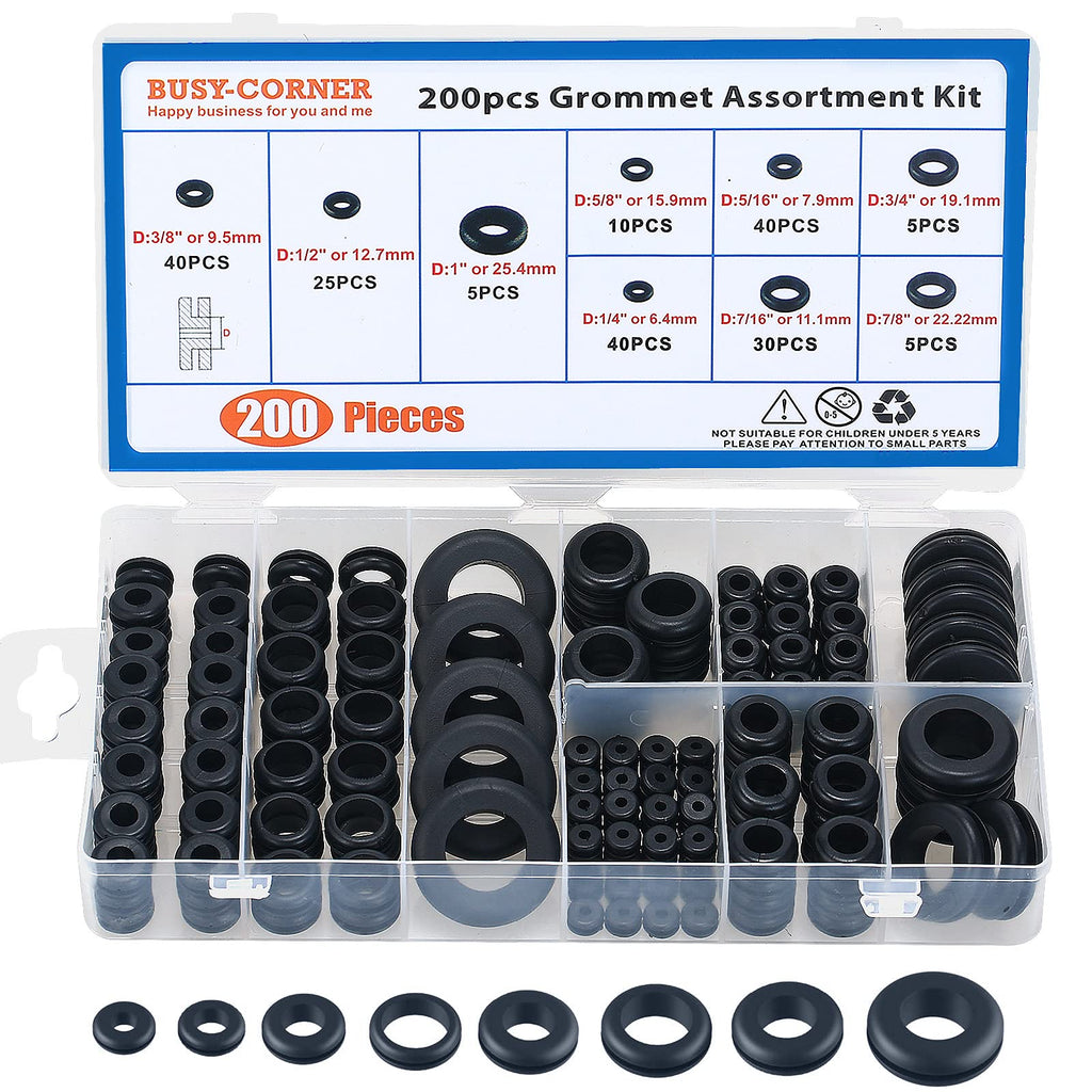 BUSY-CORNER 200 Pieces Hollow Rubber Grommet Firewall Hole Plug Assortment Kit, 1/4", 5/16", 3/8", 7/16", 1/2", 5/8", 3/4'', 7/8", 1''