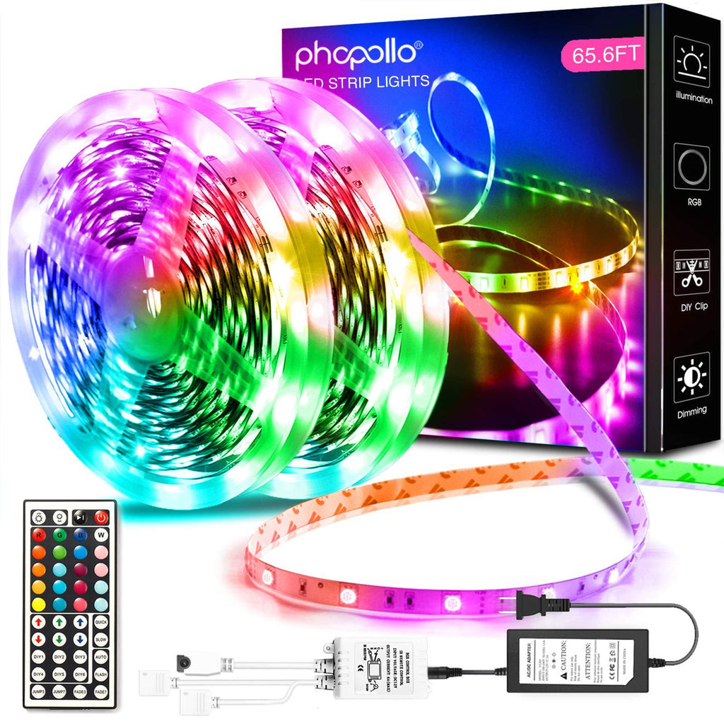 [AUSTRALIA] - Phopollo Led Lights 65.6ft Long Led Strip Lights for Bedroom Color Changing Luces Led para Decoracion Habitacion RGB DIY Color Option with Power Supply and Remote 