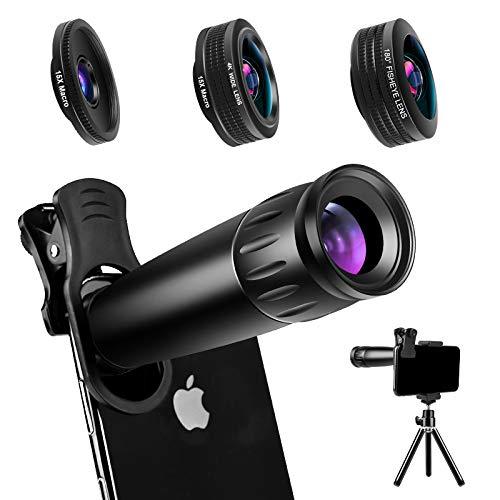 Phone Camera Lens Phone Lens 22X Telephoto Lens, 4K HD 0.67X Super Wide Angle Lens&25X Macro Lens, 205° Fisheye Lens, Work as Telescope with Metal Tripod