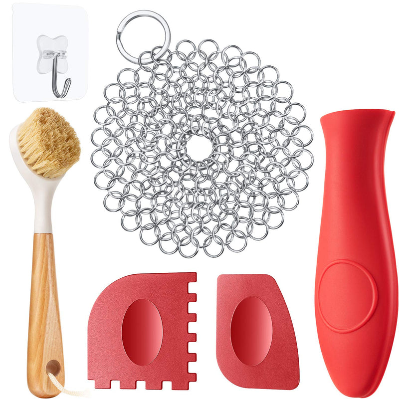 6 Pieces Cast Iron Cleaner Set Include Stainless Steel Chainmail Scrubber Long Handle Dish Scrub Brush Red Hot Handle Holder 2 Pan Grill Scrapers and Wall Hook