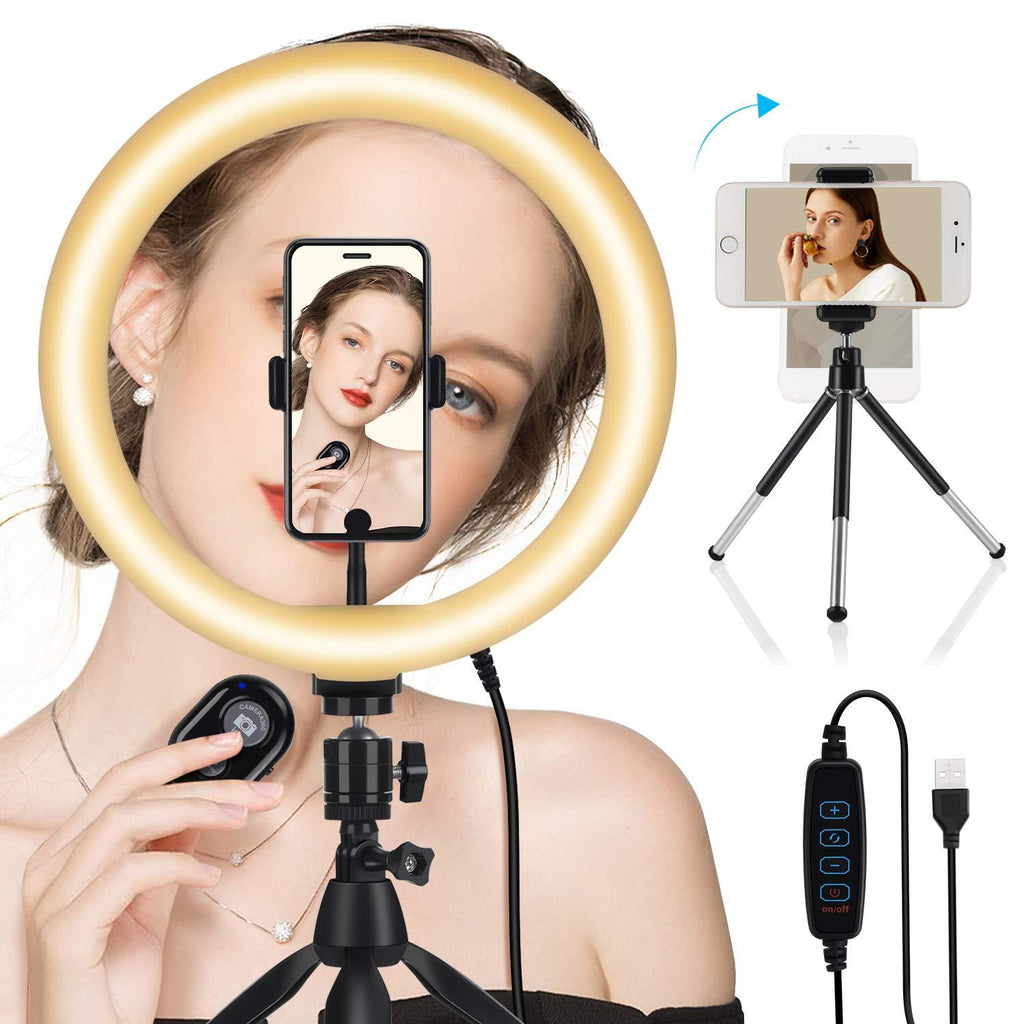 10" Selfie Ring Light with 2 Tripod Stand & Smart Phone Holder,OOWOLF Dimmable LED Beauty Ringlight,3 Light Modes & 10 Brightness Levels for Live Stream,Make Up,YouTube Video,Portrait Photography.