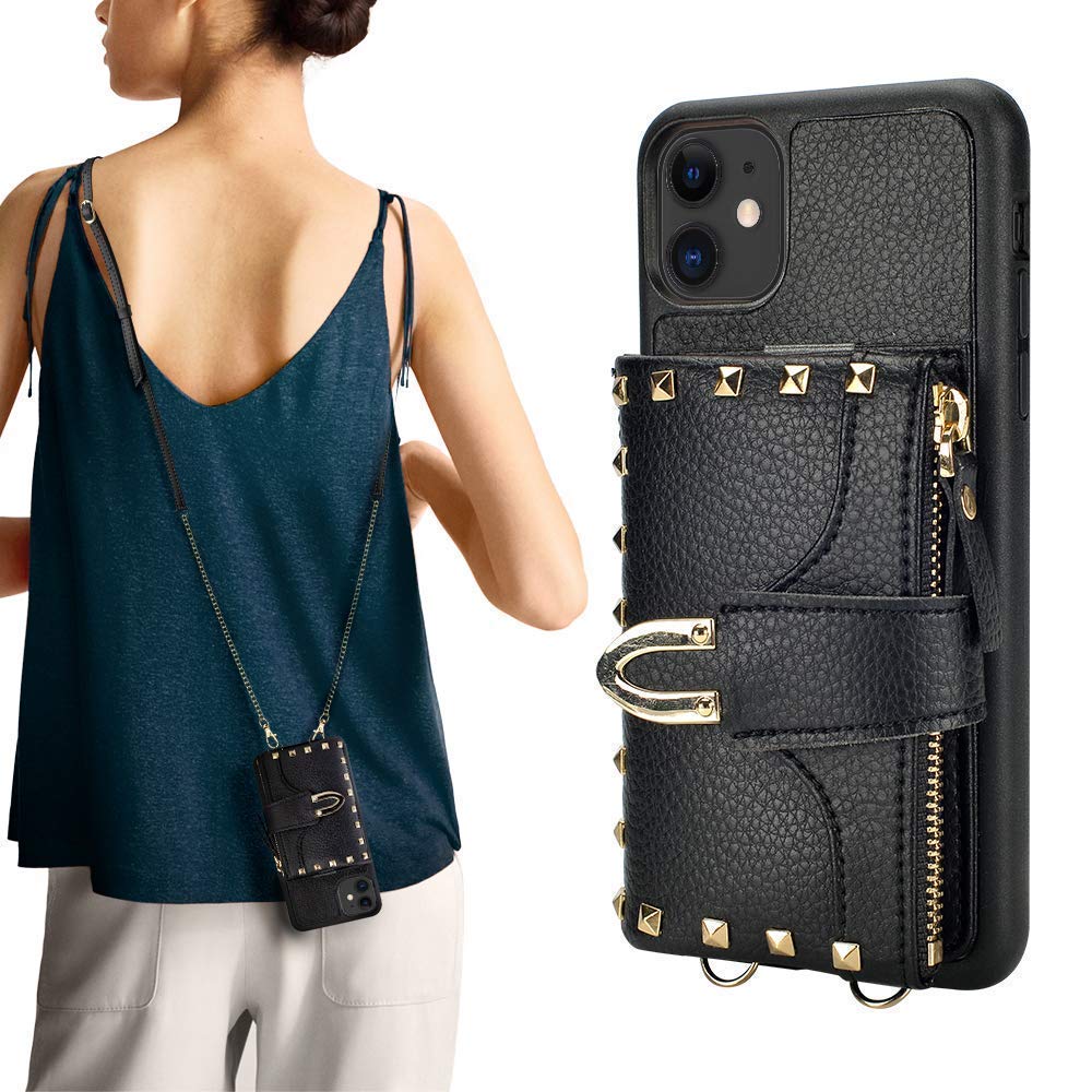 iPhone 11 Wallet Case 6.1" 2019, ZVE iPhone 11 Rivet Case with Credit Card Holder Slot Crossbody Wallet Case Rivet Design Purse Wrist Strap Protective Case Cover for Apple iPhone 11, 6.1 inch - Black