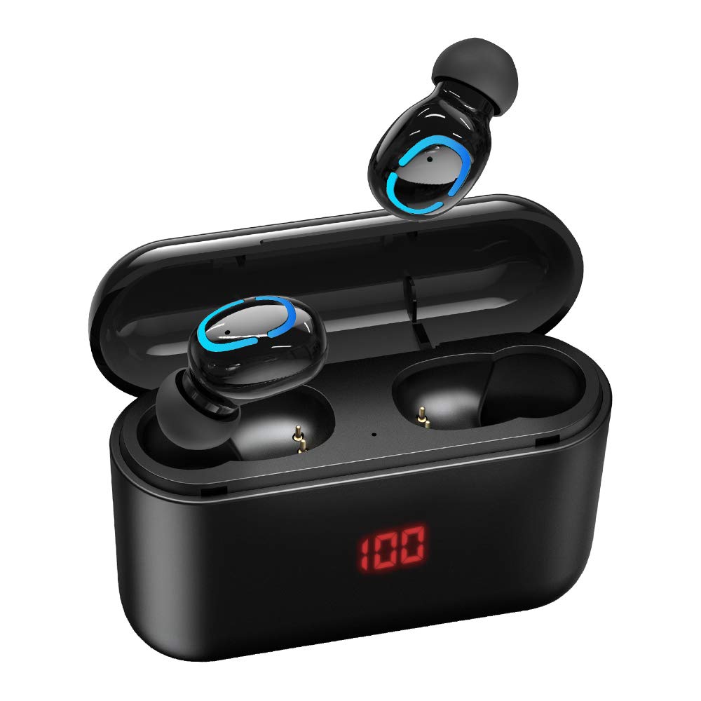 True Wireless Earbuds Bluetooth 5.0 Headphones, with Smart LED Display Charging Case Waterproof Easy-Pairing TWS Stereo Headphones in-Ear Built-in Mic Headset Premium Deep Bass for Sport Black