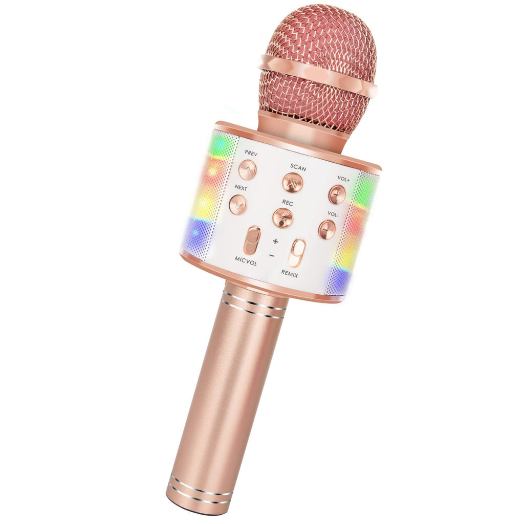 [AUSTRALIA] - Wireless Bluetooth Karaoke Microphone, 5-in-1 Portable Handheld Mic Speaker Player Recorder with Controllable LED Lights, Adjustable Remix FM Radio for Christmas, Birthday, Home Party More (Rose Gold) rose gold 
