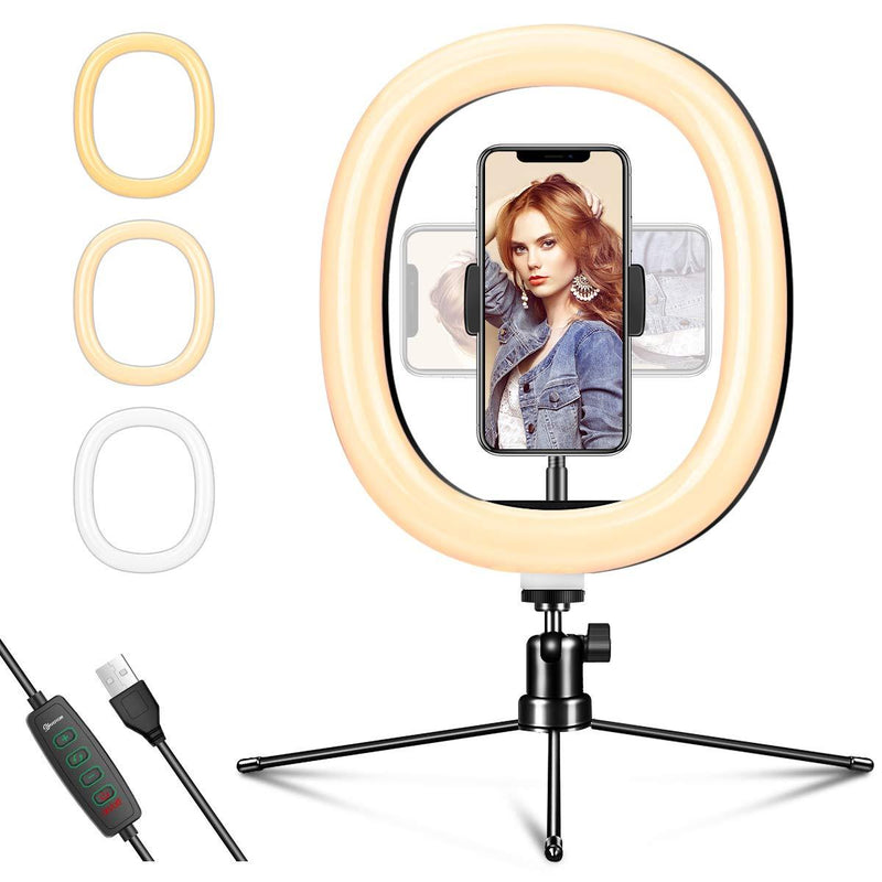 EIVOTOR 10" Selfie Ring Light with Tripod Stand & Phone Holder, Shooting with 3 Light Modes & 10 Brightness Level, Dimmable Desk Ring Light for Makeup/Photography/YouTube Videos/Vlog/TIK Tok/Live 10 Inch