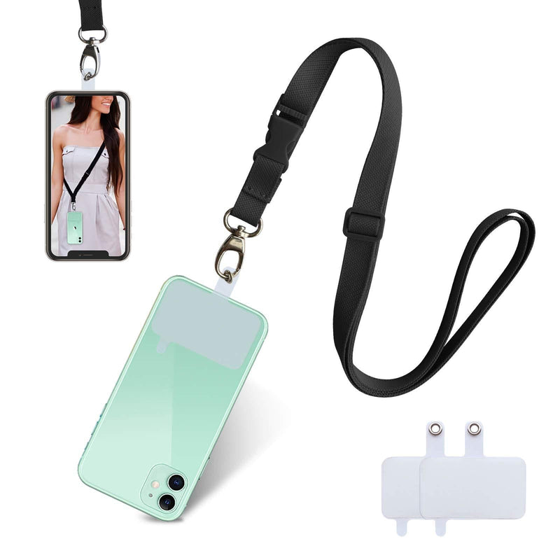 Phone Lanyard Adjustable Phone Strap with 2 PVC Patchs for Smartphone Black