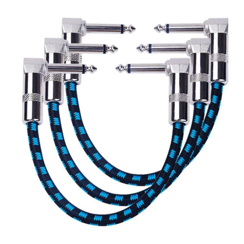 [AUSTRALIA] - 9 Inch Guitar Patch Cable with 1/4" Right Angle Plugs, Black and Blue Tweed Woven Jacket 