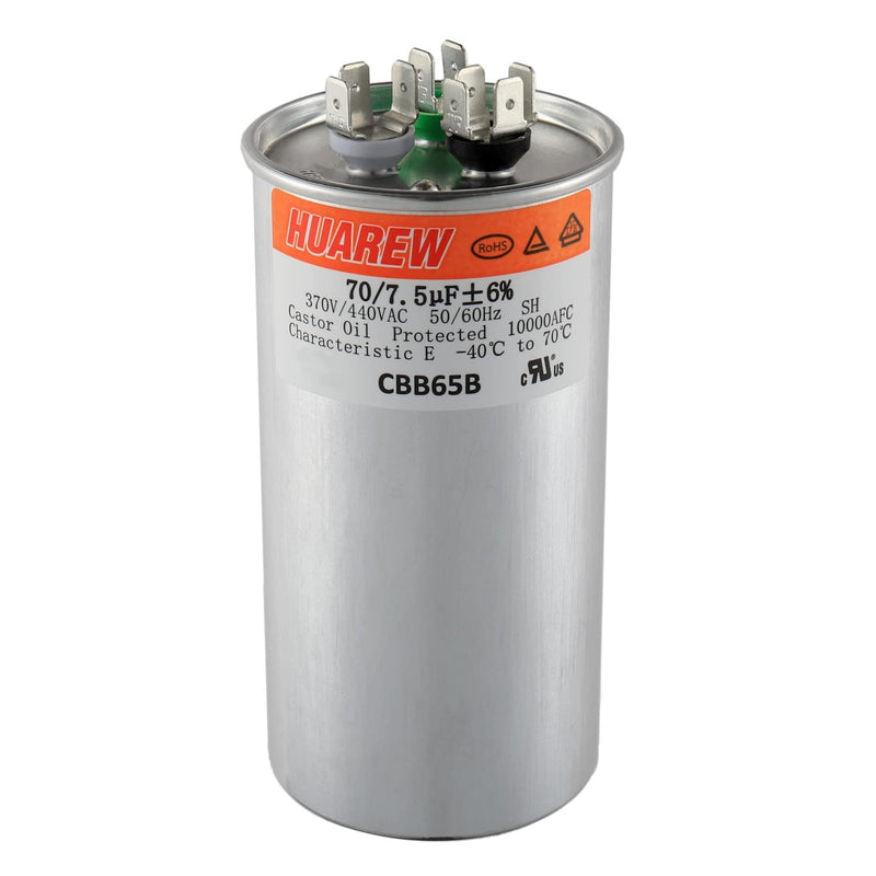 [AUSTRALIA] - HUAREW 70+7.5 uF ±6% 70/7.5 MFD 370/440 VAC CBB65 Dual Run Start Round Capacitor for Condenser Straight Cool or Heat Pump Air Conditioner or AC Motor and Fan Starting 